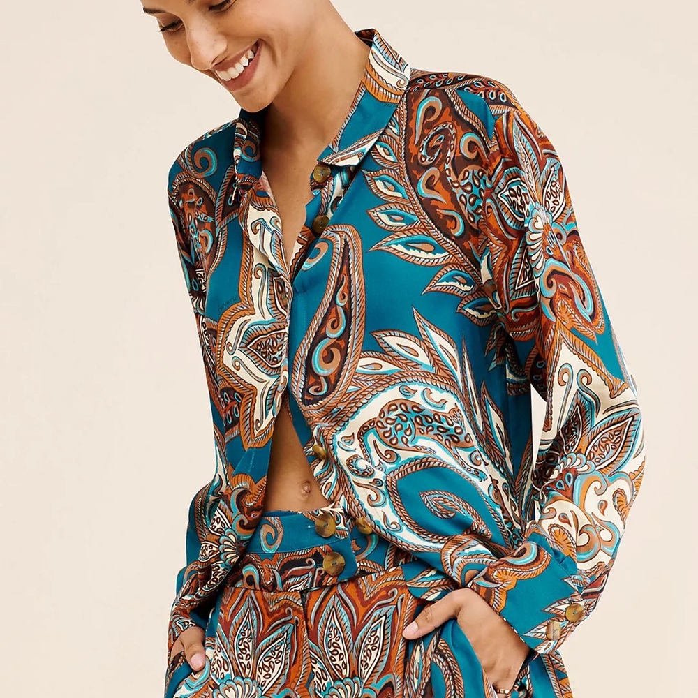 Teal Paisley Button-Up Shirt - Picture 2 of 4